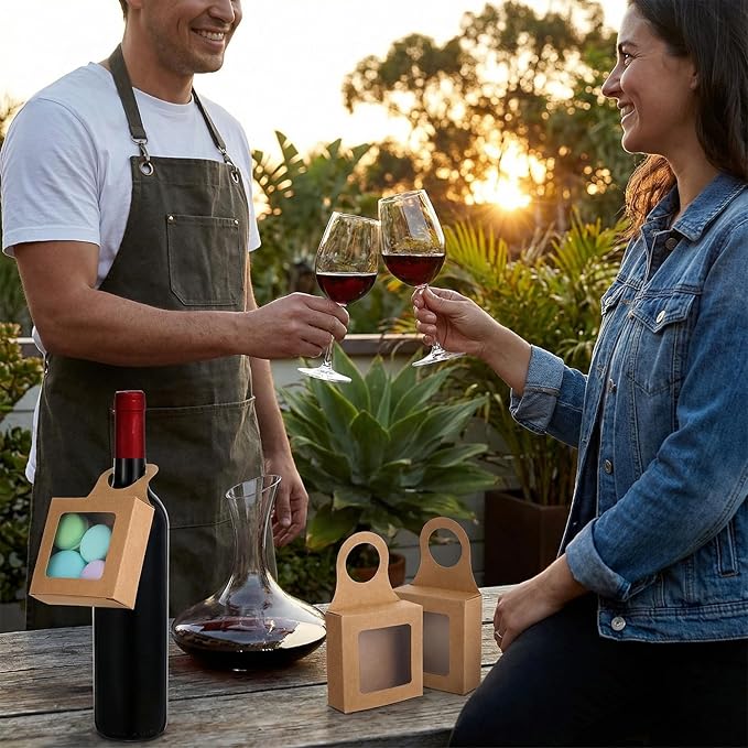 Qulkws 15 Pcs Wine Bottle Hanging Gift Box with Window Handles Foldable Packaging Bags Wine Accessory Sets for Empty Bottles Decorations Weddings Holidays(3.5x3.5x1.2 Inches)