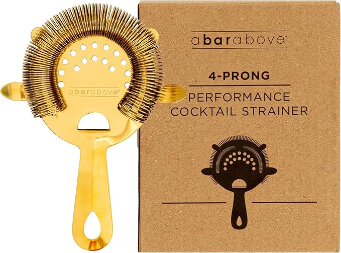 A Bar Above Cocktail Strainer, 4-Prong Bar Strainer with High Density Spring for Smooth Pouring, Fits Boston Shaker Tins and Mixing Glasses, Bar Essentials for Home Bartenders and Pros, Gold Finish