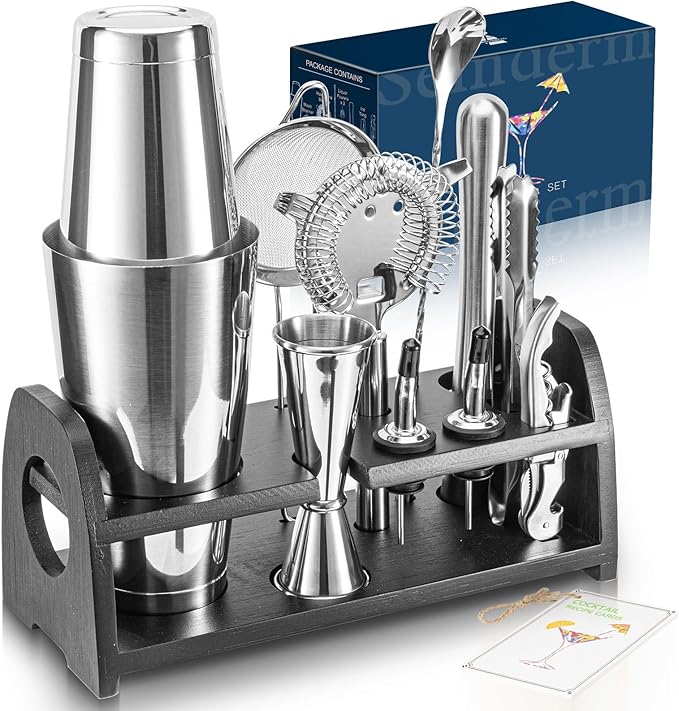 Semderm Boston Shaker Set, Weighted Cocktail Shaker & Mixology Bartender Kit - Heavy Duty 18/8 Stainless Steel Tins with Black Bamboo Stand - Includes Fine Mesh Strainer & Jigger