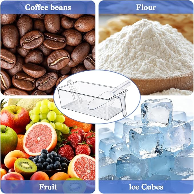 2 Pack Clear Ice Bucket for Freezer, Ice Cube Storage Bin with Flexible Handle, Ice Holder for Freezer, Scoop & Tongs Set, Fridge Container, Home Bar Organization (11.8 x 8.1 x 3.54 Inches)