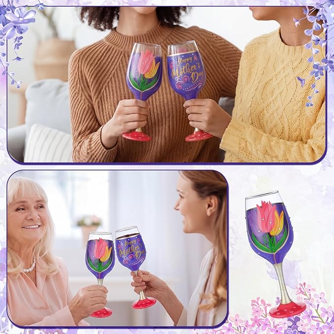 SiliFine 4 Pcs Mother's Day Stemmed Wine Glasses Hand Painted Tulip Flower Drinking Cup Wine Glasses Gifts for Birthday Theme Holiday Party Supplies