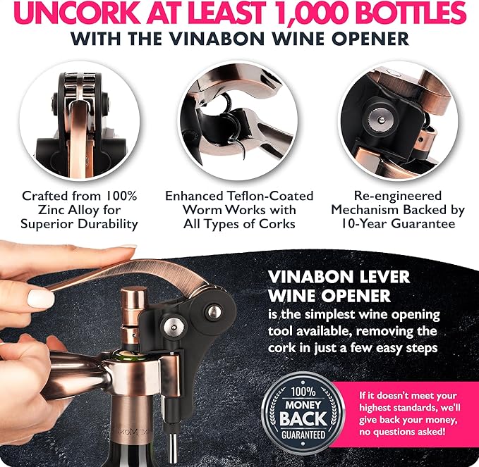 VINABON Wine Opener Set - Updated 2026 All-in-One Wine Bottle Opener Set with Wine Aerator, Foil Cutter, Stopper, Stand - Manual Lever Corkscrews Wine Opener for Wine Bottles with WineGuide eBook