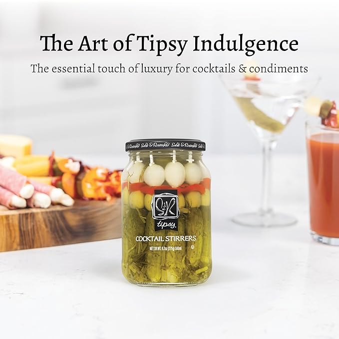 Sable & Rosenfeld Tipsy Garlic & Dill Cocktail Stirrers 16 oz Jar (Pack of 1), Hand-Packed Martini Pickles and Olive Skewers, Kosher, Gluten-Free Cocktail Garnish