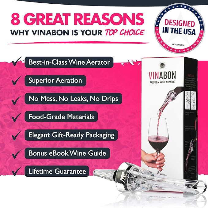 VINABON Wine Aerator Pourer Spout – Updated 2026 Professional Wine Aerator for Superior Flavor, Enhanced Bouquet & Rich, Smooth Finish. No-Leak, No-Drip, Spill-Free Design. Includes Wine Guide eBook