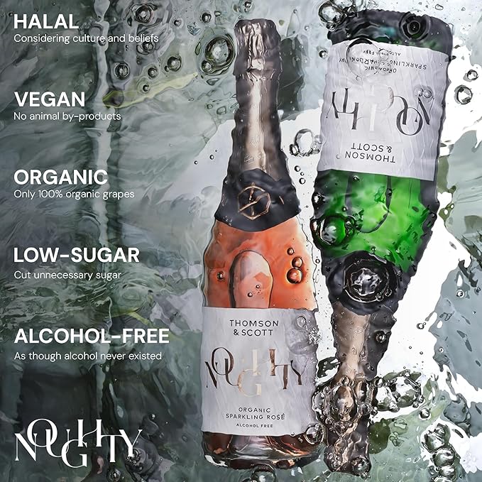 Thomson & Scott Noughty Sparkling Wine Celebration Bundle, 1 Rosé + 1 Chardonnay, Alcohol Free Sparkling Champagne, Non Alcoholic Wine, Light, Medium Sweetness, Organic, Halal, 0% ABV, 750ml Bottle, 2 Pack