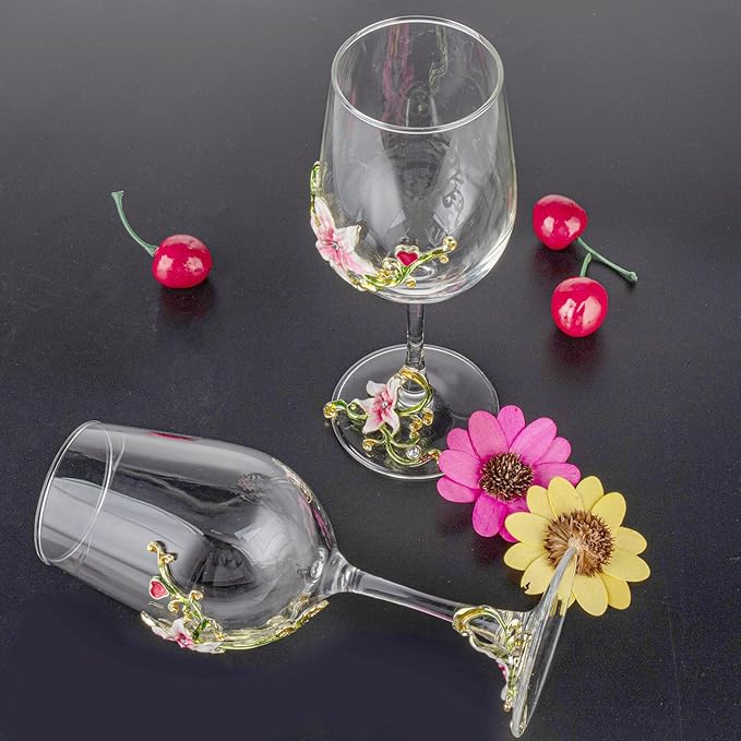 Simcat Handmade Painted Enamel Flower Glass Wine Glasses Transparent Refined Goblet, Stem For Cabernet, Gifts (Single pink gift box,1 Gift Box)