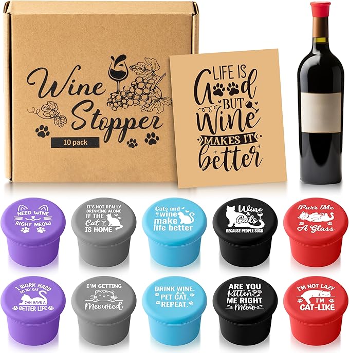 10Pcs Wine Stoppers Gift Set Funny Cats Silicone Bottle Covers Reusable Beverage Corks Strong Sealing Keep Wine Fresh Lady Man Liquor Accessories for Outdoor Picnics Weddings Barbecues Parties