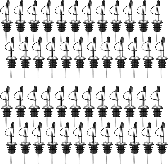 AOZITA 48 Pack Liquor Pour Spout, Stainless Steel Liquor Bottle Pourers with Rubber Dust Caps for Alcohol, Olive Oil, Liquor Pourers with Dust Caps, Speed Pourers, Bar Bartender Accessories