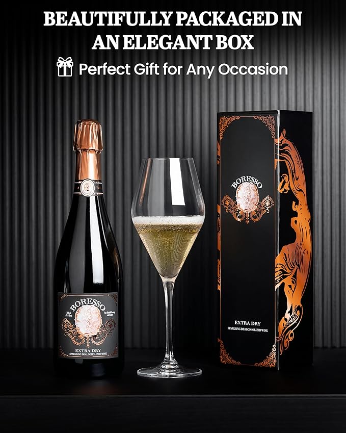Boresso Extra Dry 0.0% ABV Non-Alcoholic Sparkling Wine With Gift Box Perfect Alcohol-Free Champagne Alternative Dealcoholized From Italy 750ml