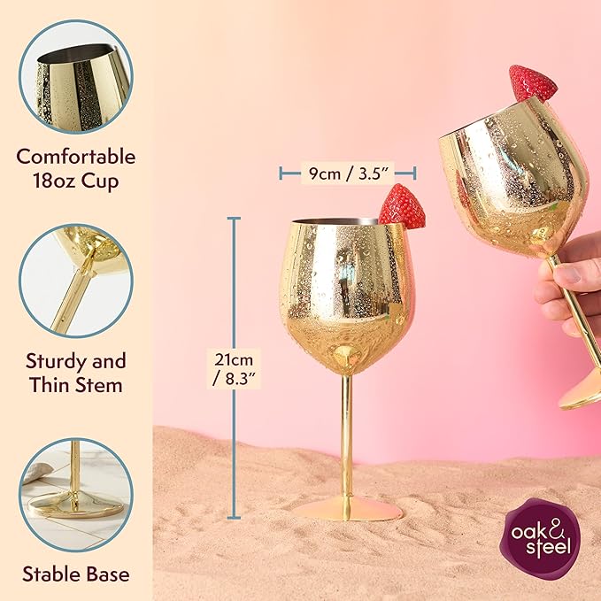 Oak & Steel - 2 Gold Stainless Steel Wine Glasses (18 Oz) Unbreakable Metal Wine Glasses, Wine Goblets with Gift Box for House Warming, Valentines, Anniversary