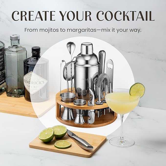 Mixology & Craft Bartender Kit – 15 Piece Cocktail Shaker Set with Bamboo Stand | Complete Cocktail Kit Gift Set | Top Bartender Gifts for Men & Women | Exclusive Recipe Cards (Silver)