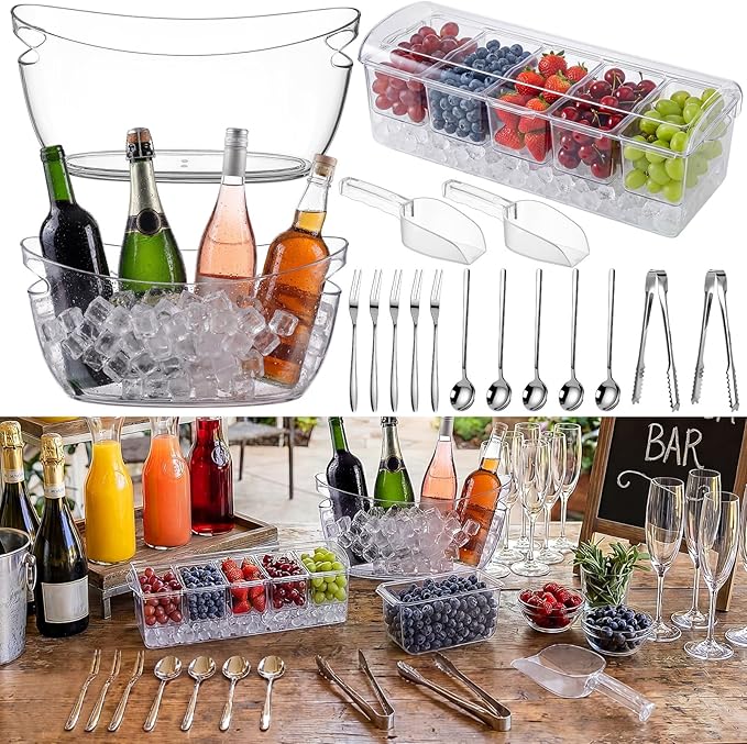 17 Pcs Mimosa Bar Supplies Include Clear Ice Bucket 5l Plastic Wine Tub with Scoops, Garnish Tray Ice Chilled Condiment Server Bar Caddy with Lid Forks Tong for Party Beverage Serving