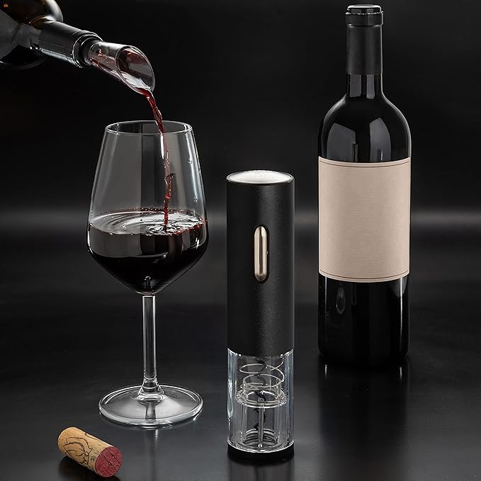 Moss & Stone Electric Wine Opener Set, Corkscrew Remover With USB Charging, Wine Bottle Opener with Wine Pourer, Foil Cutter & Vacuum Stopper, Automatic Wine Opener For Wine Lovers (Black)