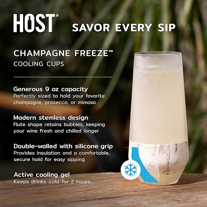 Host Freeze Insulated Champagne Glasses, Gifts for Mom, Home Bar Gifts for Women, Freezer Cooling Cups for Mimosas, Prosecco and Bubbly, Stemless Chilling Sparkling Wine Glasses, 9oz, Set of 2, Marble