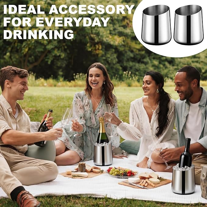 Layhit 2 Pcs Wine Chiller Bucket Stainless Steel Champagne Bucket 750ml Wine Bottle Cooler Champagne Chiller Double Insulated Bottle Cooler to Keep Chilled Without Ice for Party Kitchen Bar(Silver)