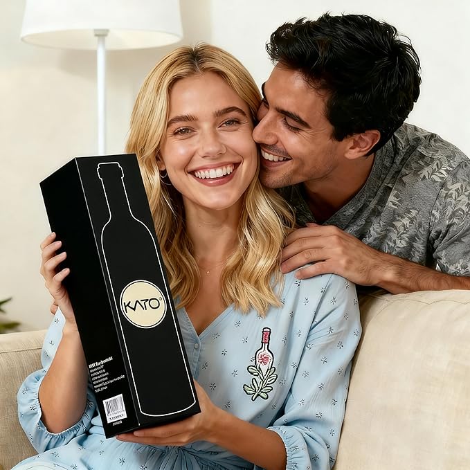 Kato Wine Accessories Gift Set - Bottle Corkscrew Opener Kit, Drip Ring, Foil Cutter, Wine Pourer and Stopper in Novelty Bottle-Shaped Case - Valentine's Gift, Black