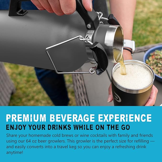 DrinkTanks Craft Growler – 64 oz Vacuum Insulated Stainless Steel Beer Growler with Handle, Leakproof Thermal Beverage Tumbler for Beer, Wine, Coffee, Soda, Kombucha – Reusable & BPA-Free – Slate