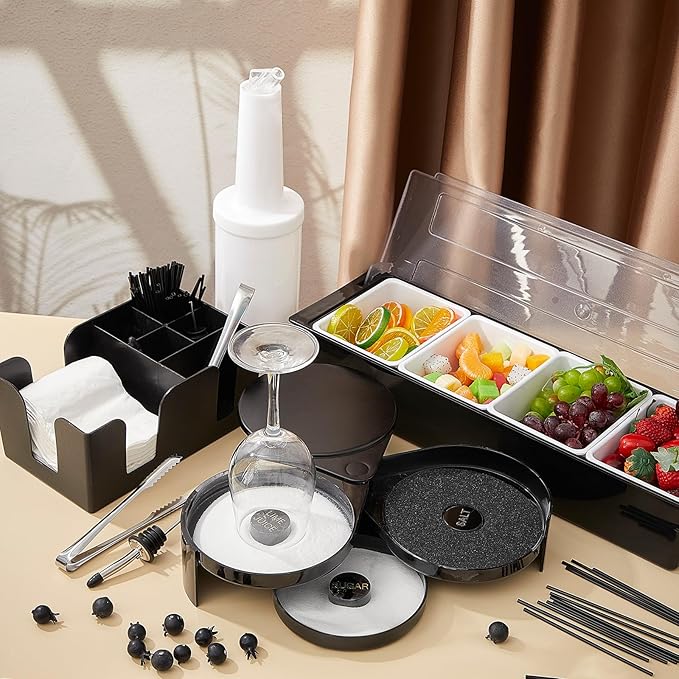 Mifoci Bartending Supplies 4 Compartments Garnish Tray with Lid Bar Caddy 3 Tier Glass Rimmer Stainless Steel Bottle Pourers Juice Pouring Cocktail Tools Plastic Serving Accessories