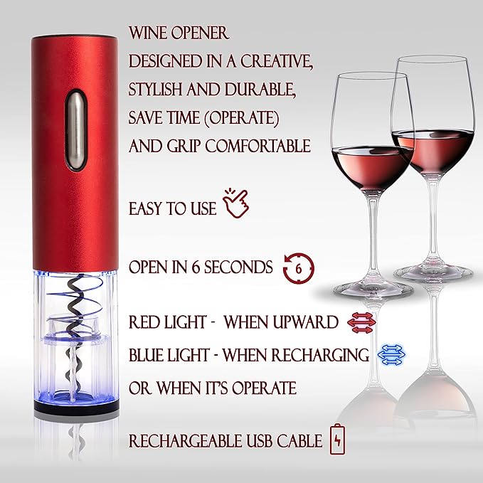 Moss & Stone Electric Wine Opener Set, Corkscrew Remover With USB Charging, Wine Bottle Opener with Wine Pourer, Foil Cutter & Vacuum Stopper, Automatic Wine Opener For Wine Lovers (Red)