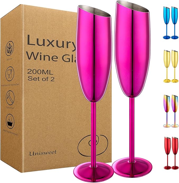 Champagne Flutes Set of 2, Premiumty Stainless Steel High Footed Champagne Glasses, 7oz Capacity,Unbreakable Slanted Champagne Glasses