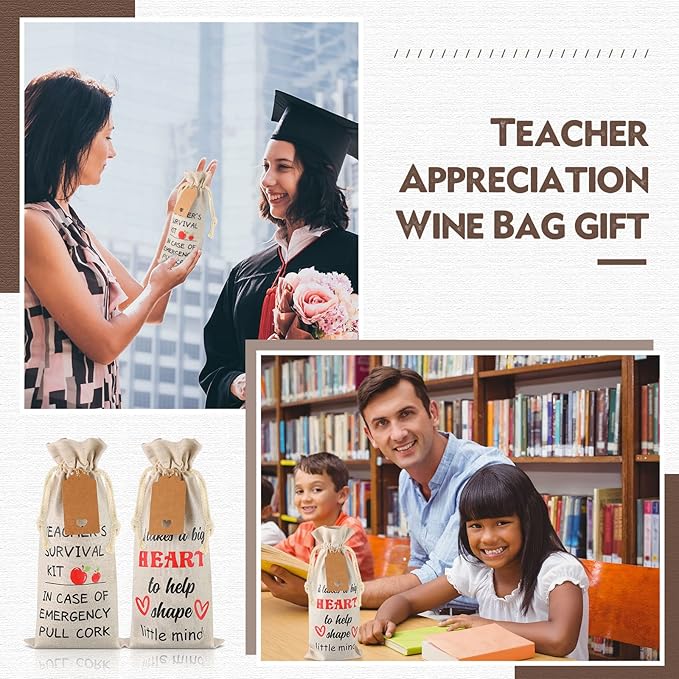 6 Pieces Teacher Appreciation Gift Wine Bags for Women Men, Burlap Wine Bottle Bags with Drawstrings and Tags End of Year Graduation Thank You Gifts for Teacher