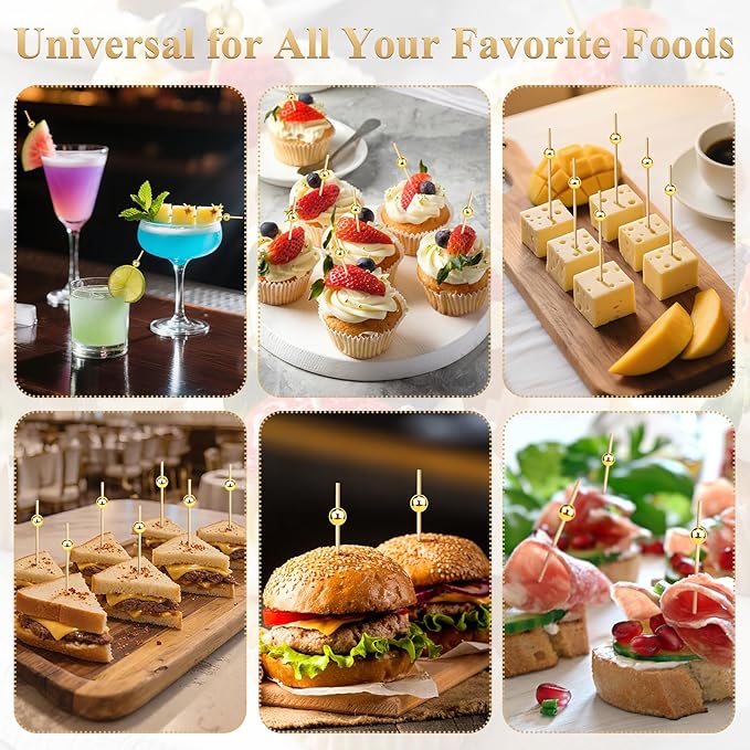1200PCS Cocktail Picks, Fancy Toothpicks for Appetizers Drinks Food Fruit, 4.7 IN Long Decorative Bamboo Skewers, Gold Pearl Wooden Garnish Sticks for Charcuterie Boards Accessories Party Supplies