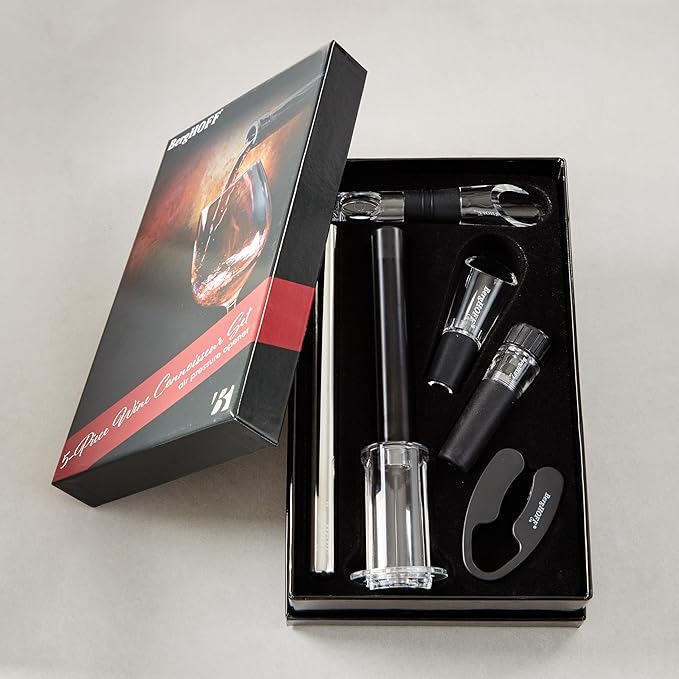 BergHOFF 6Pc Air Pressure Wine Opener with Chiller Pourer, Foil Cutter, Aerator Pourer, Vacuum Stopper Great for Gift