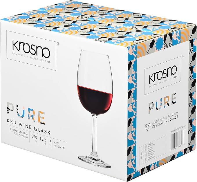 Krosno Red Wine Glasses 390ml - Set of 6 - Pure Collection - Lead-free Crystal Glass - Elegant Design and Timeless Style