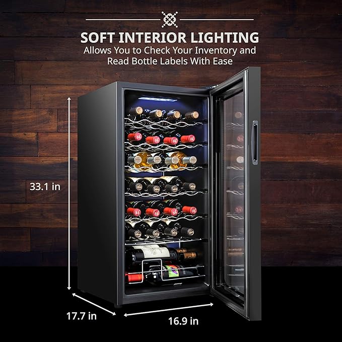 Ivation 28 Bottle Compressor Wine Cooler Refrigerator w/Lock | Large Freestanding Wine Cellar For Red, White, Champagne or Sparkling Wine | 41f-64f Digital Temperature Control Fridge Glass Door Black