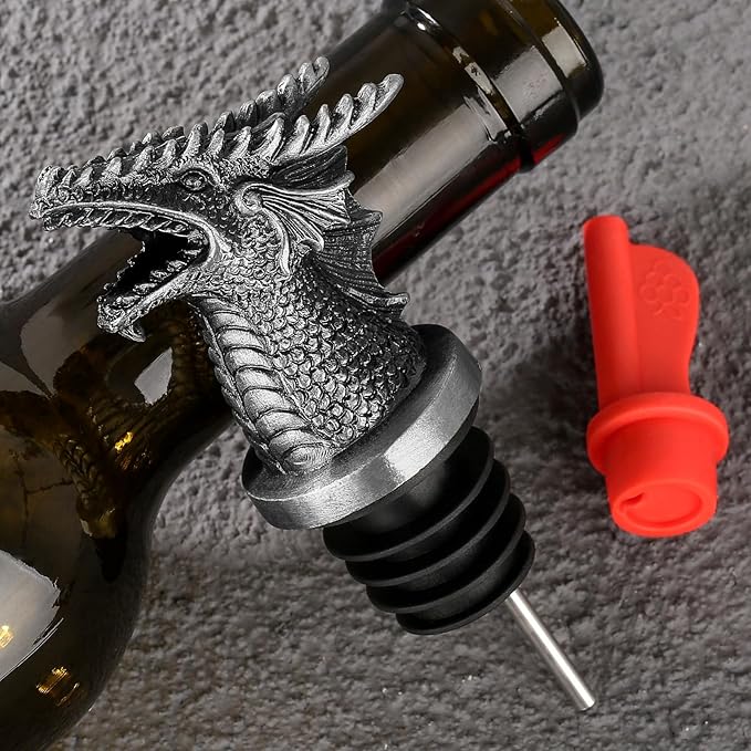LKKCHER Dragon Head Liquor Pourers Spout for Alcohol Spirits, Dragon Gifts 2-In-1 Wine Bottle Pourer and Stopper for Men Women, Wine Accessories Gifts, Silver with Bag