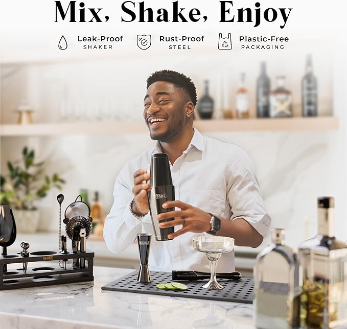 BARE BARREL® Mixology Bartender Kit Bar Set | 16-Piece Cocktail Shaker Set | Martini Barware Mixing Tools for Home Bartending | Incl. 35 Recipe Cards | Gift Set (28oz Boston Shaker, Jet Black/Black)