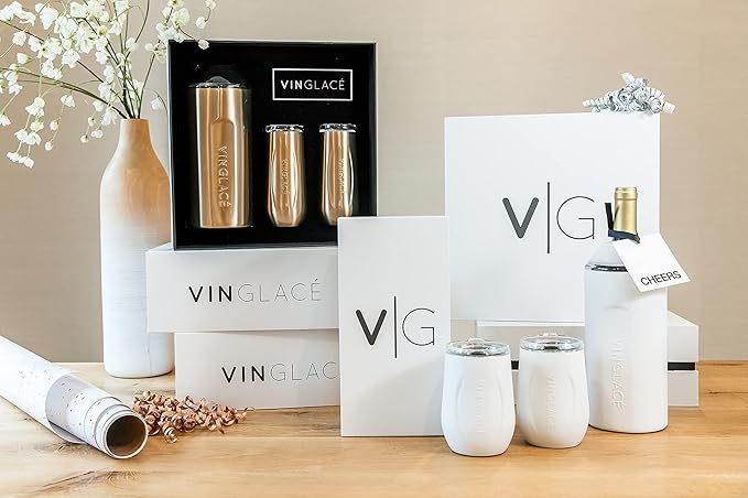 Vinglacé Champagne Bottle Chiller Gift Set- Portable Stainless Steel Sparkling Wine Cooler with 2 Stemless Champagne Flutes, Copper