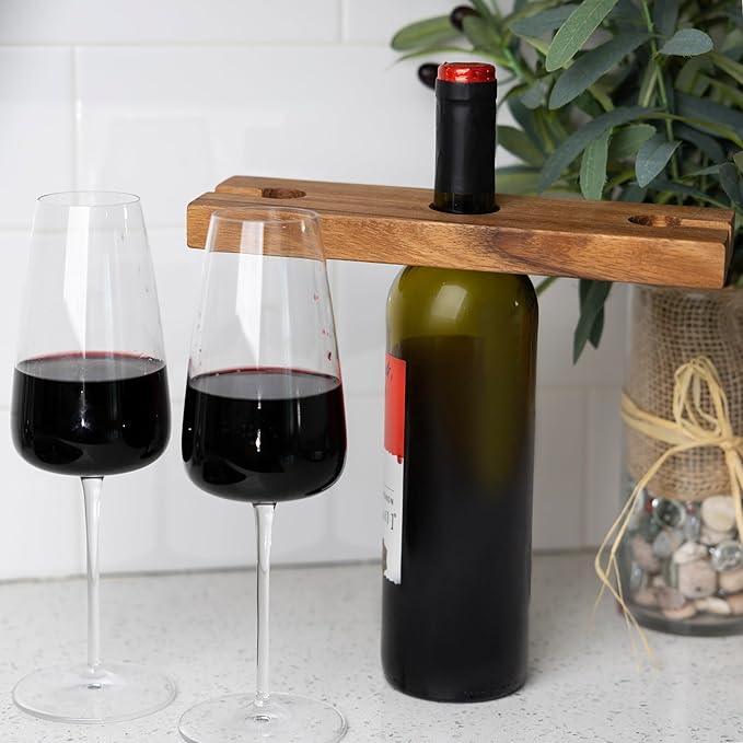 Ironwood Gourmet Acacia Wood Wine Glass Holder for Wine Bottles, Holds 2 Wine Glasses