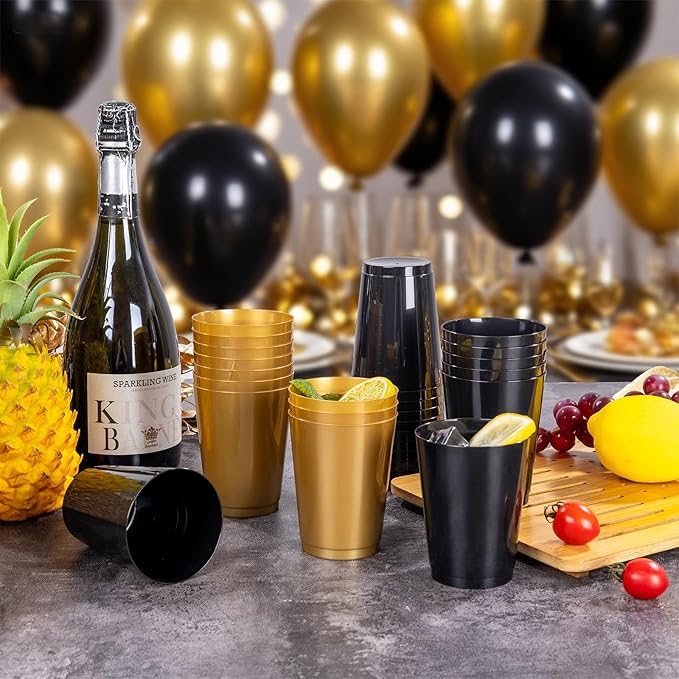 DaYammi 100 Pack Plastic Cups for Party- Disposable Gold Cups and Black Cup Include: 50 Black Plastic Cup and 50 Gold Disposable cup for Party Supplies Festive Celebrations Wine Beer Beverage