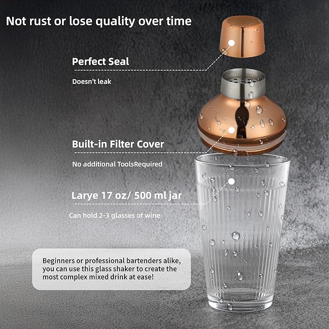 Glass Cocktail Shaker, 17oz Leak-Proof Martini Shaker with Built-in Strainer, Thick Ribbed Drink Shaker Bar Tool for Home Bartending and Aesthetics, Rose Gold