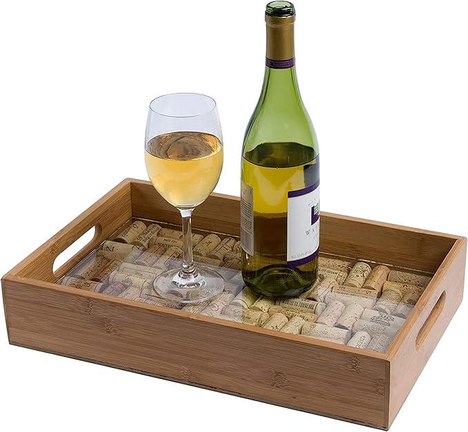 Oenophilia Greenophile Bamboo Cork Service Tray Kit with Handles, 100% Bamboo, Glass Pane, Serving Platter for Wine, Beer, Charcuterie, Appetizers, and More, Do-it-Yourself, Corks NOT Included