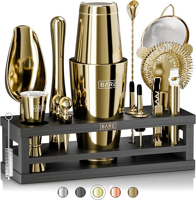 BARE BARREL® Mixology Bartender Kit Bar Set | 16-Piece Cocktail Shaker Set | Martini Barware Mixing Tools for Home Bartending | Incl. 35 Recipe Cards | Gift Set (28oz Boston Shaker, Gold/Black)