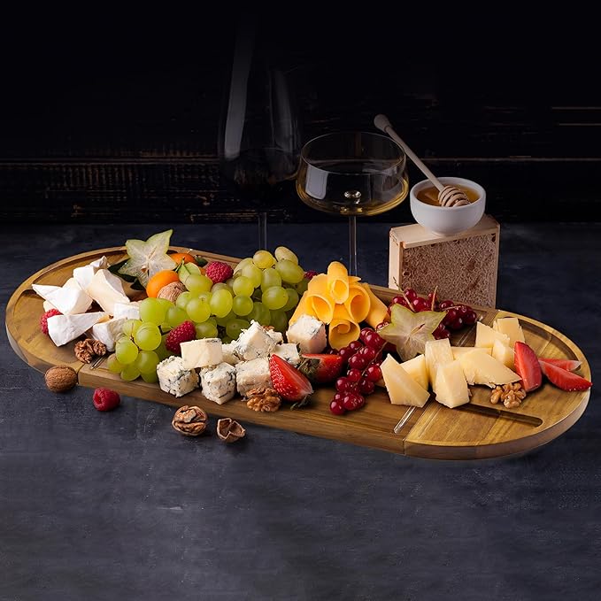 Extra Large Charcuterie Boards, 30'' x 13'' Acacia Cheese Board 3 Part Magnetic Long & Round Boards with Knive Set, Wine Opener & Cheese Marker, Unique Serving Tray for Birthday, Wedding Gift