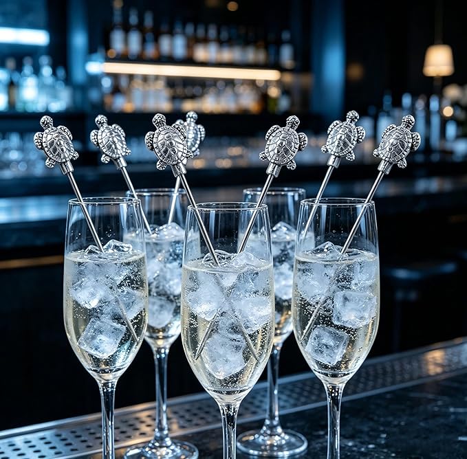 Homestia 4.6" Stainless Steel Cocktail Picks, 6PCS Turtle Design Metal Drink Garnish Skewers - Food Grade 304 Stainless Steel Fruit Picks for Cocktails, Appetizers, Olives, Party Decor - Reusable