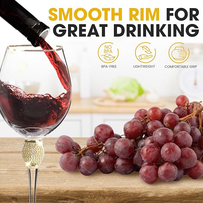 Premium Wine Glasses Set of 6 - Crystal Long Stem Wine Glass with Gold Rim & Rhinestone Design - 18 oz