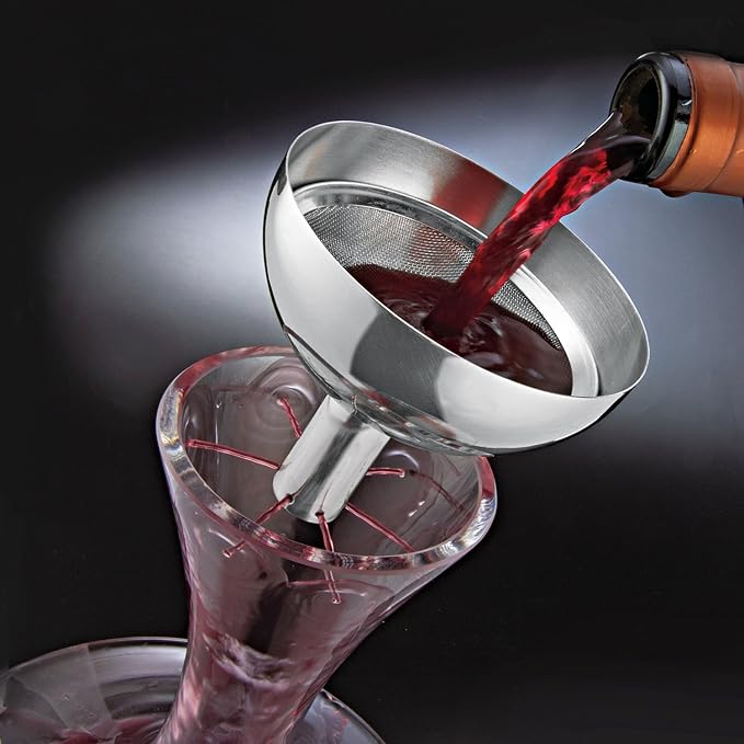 Wine Enthusiast Aerating Funnel w/Removable Screen & Stand – Premium Stainless Steel Wine Filter for Mess Free Pouring