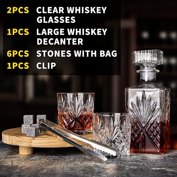 Whiskey Decanter Set for Men 2pcs Whisky Glasses and 1pcs Glass Decanter Bottle with Cooling Stones Clear Whisky Liquor Set for Bourbon Rum Fathers'Gift