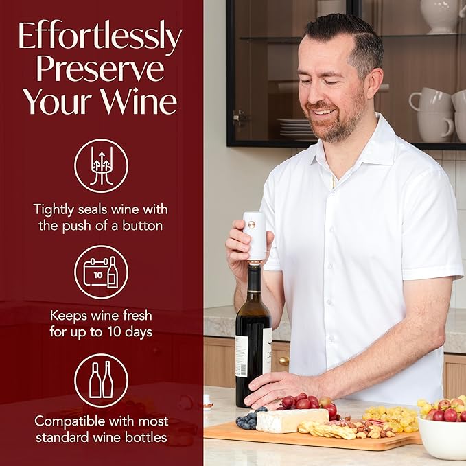 Electric Wine Preserver - Rechargeable Vacuum Saver With Airtight Seal - Automatic Air Remover Pump for 10 Days of Flavor & Freshness - Preservation System (White & Rose Gold)