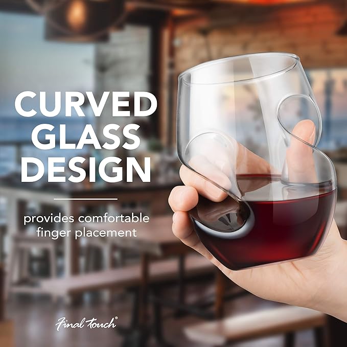 Final Touch Conundrum Red Wine Glasses - Set of 4 Stemless Handcrafted Glasses - 16 Ounce - Curves for Comfortable Holding - Dishwasher Safe (GG5009)