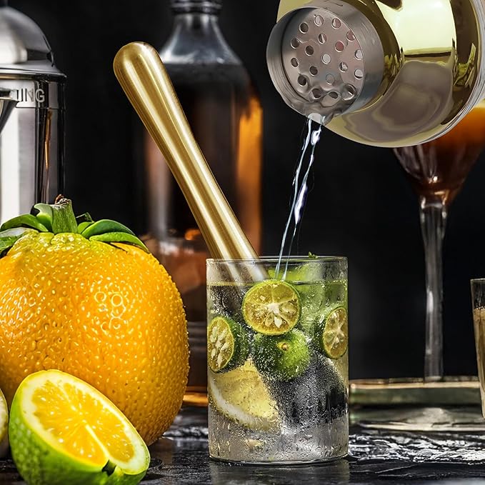 Glass Cocktail Shaker, 17oz Leak-Proof Martini Shaker with Built-in Strainer, Thick Ribbed Drink Shaker Bar Tool for Home Bartending and Aesthetics, Gold