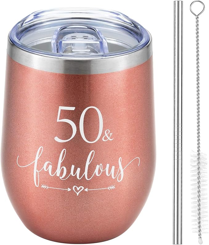 Crisky Rose Gold 50 & Fabulous Wine Tumbler for Women 50th Birthday Gifts for Women, Wife, Mom, Sister, Aunt, Friends, Coworker Her, Vacuum Insulated Coffee Cup,12oz with Box, Lid, Straw