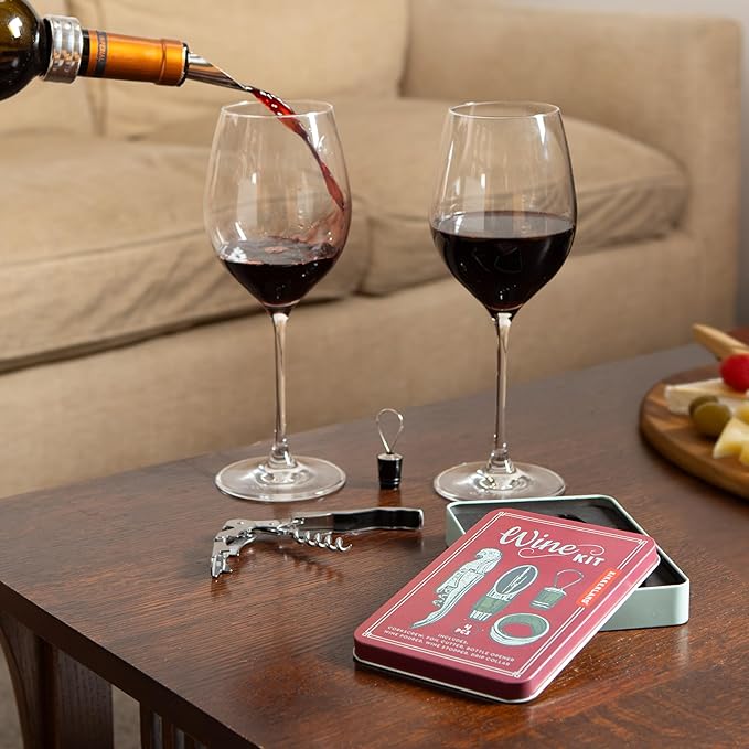 Kikkerland Wine Kit – Stainless Steel Tools for Home & Travel – Wine Pourer, Stopper, Drip Collar, & Corkscrew