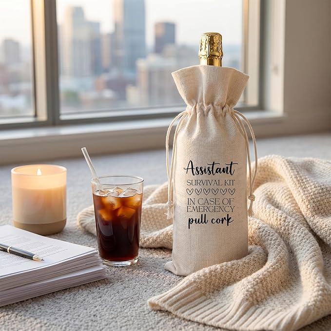 Assistant Appreciation Gift Wine Bag, Funny Survival Kit Linen Drawstring Wine Bottle Cover, Reusable Wine Gift Pouch for Administrative Assistant Office Staff Thank You Gift - A11