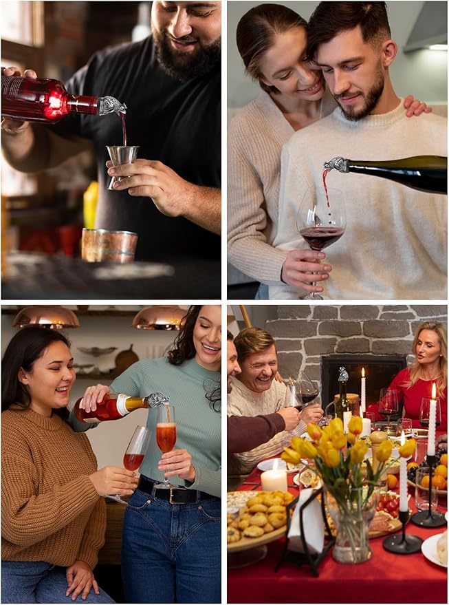 Animal Wine Pourer Spout, Drip Free Bottle Pourer & Stopper for Wine and Liquor Bottles, Funny Gift for Men, Dad, Hostess and Housewarming, Bar Cart Accessory for Holiday Party Decor, Multiple Animal