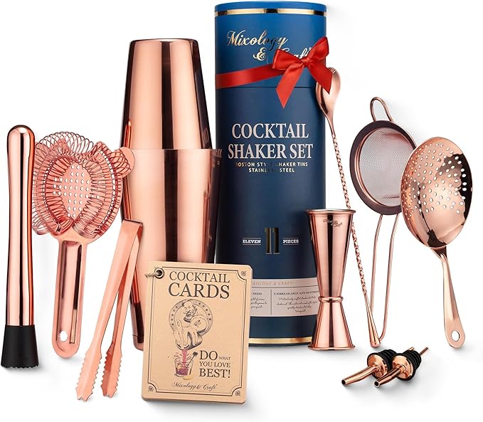 Mixology & Craft Deluxe Copper Cocktail Shaker Set – Weighted Boston Shaker Kit for Bartenders – Includes Japanese Jigger, Muddler, Pourers, Strainers – Perfect for Home Bars and Gifts
